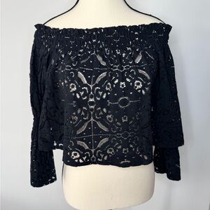 Zara Black Lace Off Shoulder Top | Bell Sleeve Boho Crop Blouse | Size M
